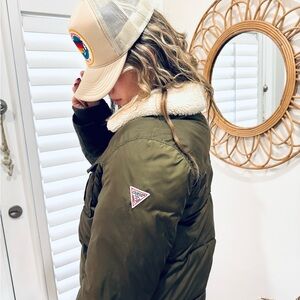 Guess Olive Green Puffer Jacket with Sherpa Collar